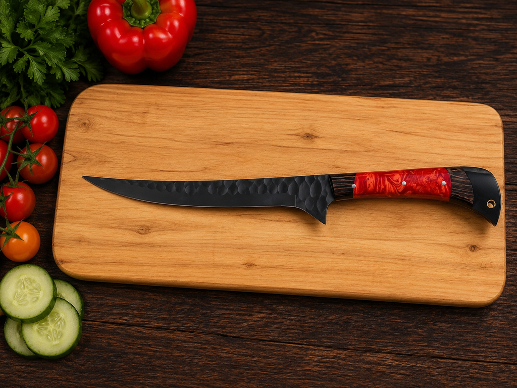 Handmade Boning & Fillet Knife Black Powder Coated Blade - Leather Sheath