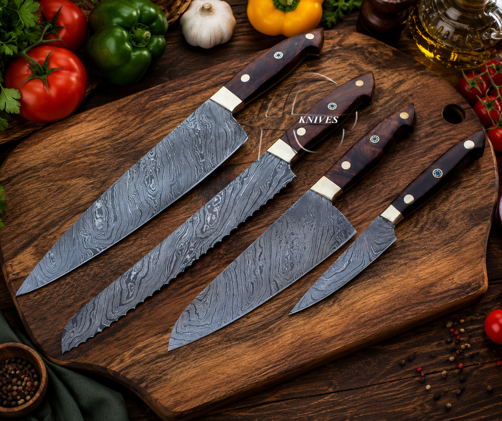 4 Pcs Custom Made Hand Forged Damascus Kitchen Chef Knife Set