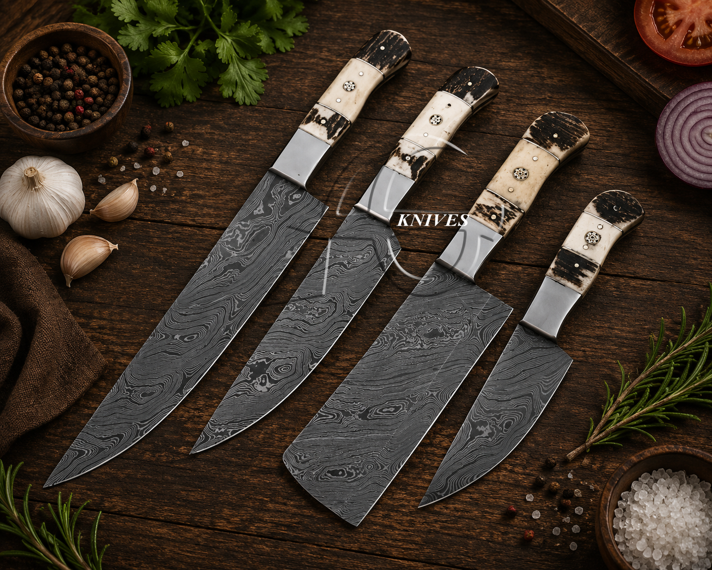 4 Pcs Custom Hand Forged Damascus Kitchen Chef Knife Set-Antler & Bone Handle