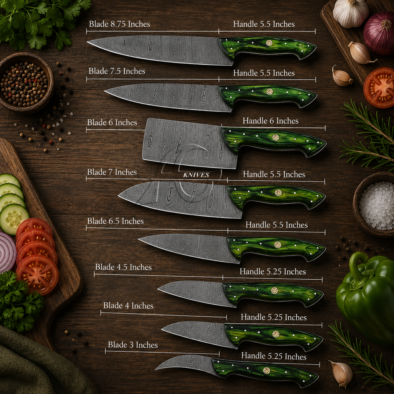 8 Pcs Handmade Damascus Kitchen Chef Knives Set Green Wood Handle