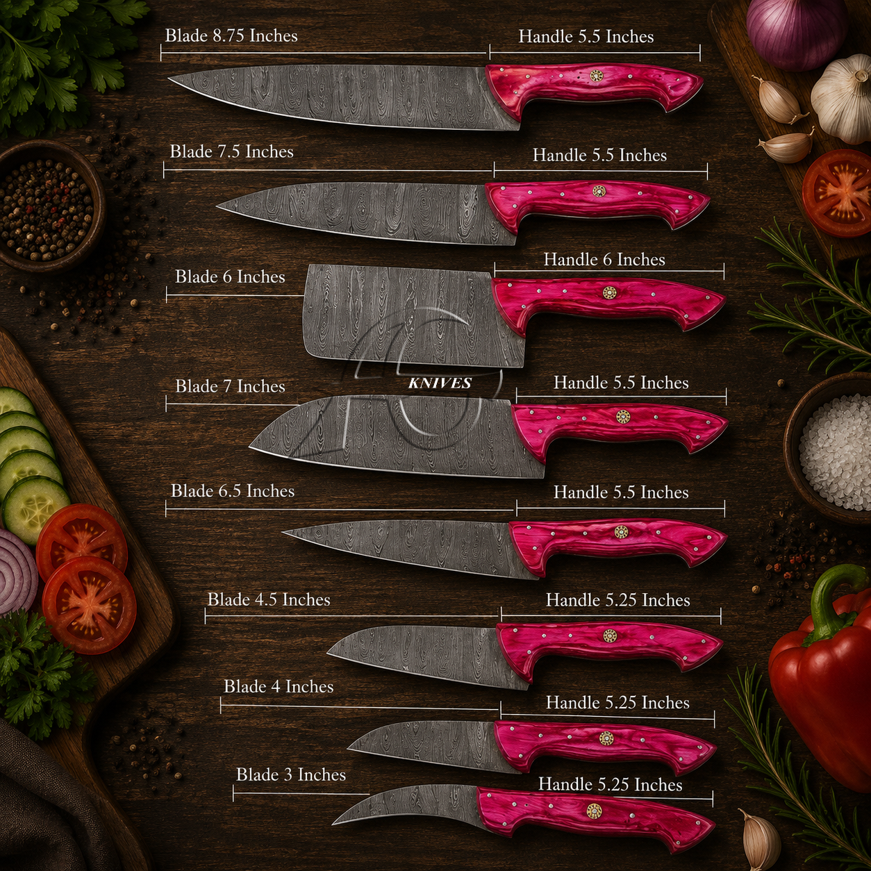 8 Pcs Handmade Damascus Kitchen Chef Knives Set Pink Wood Handle