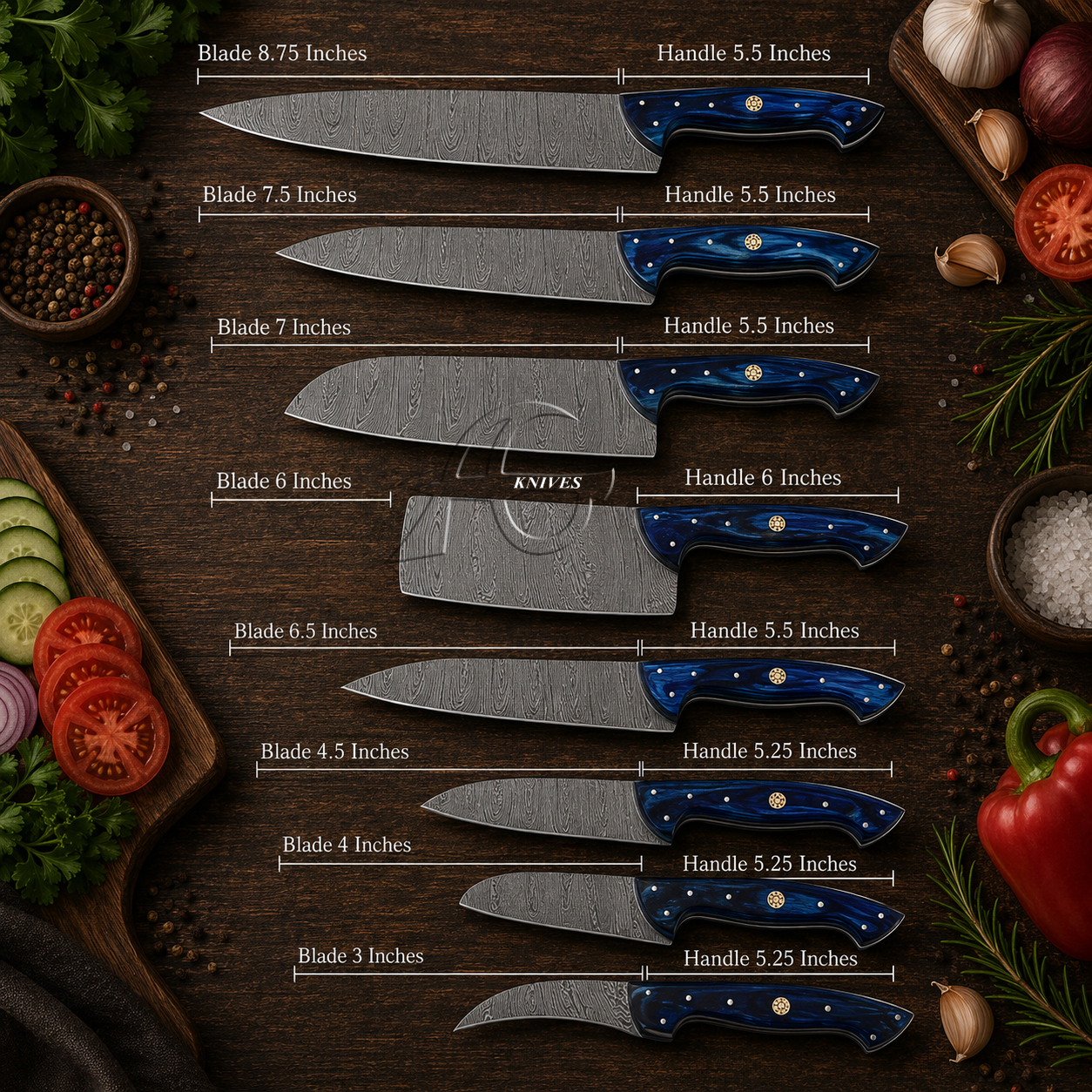 8 Pcs Handmade Damascus Kitchen Chef Knives Set – Leather Roll Case