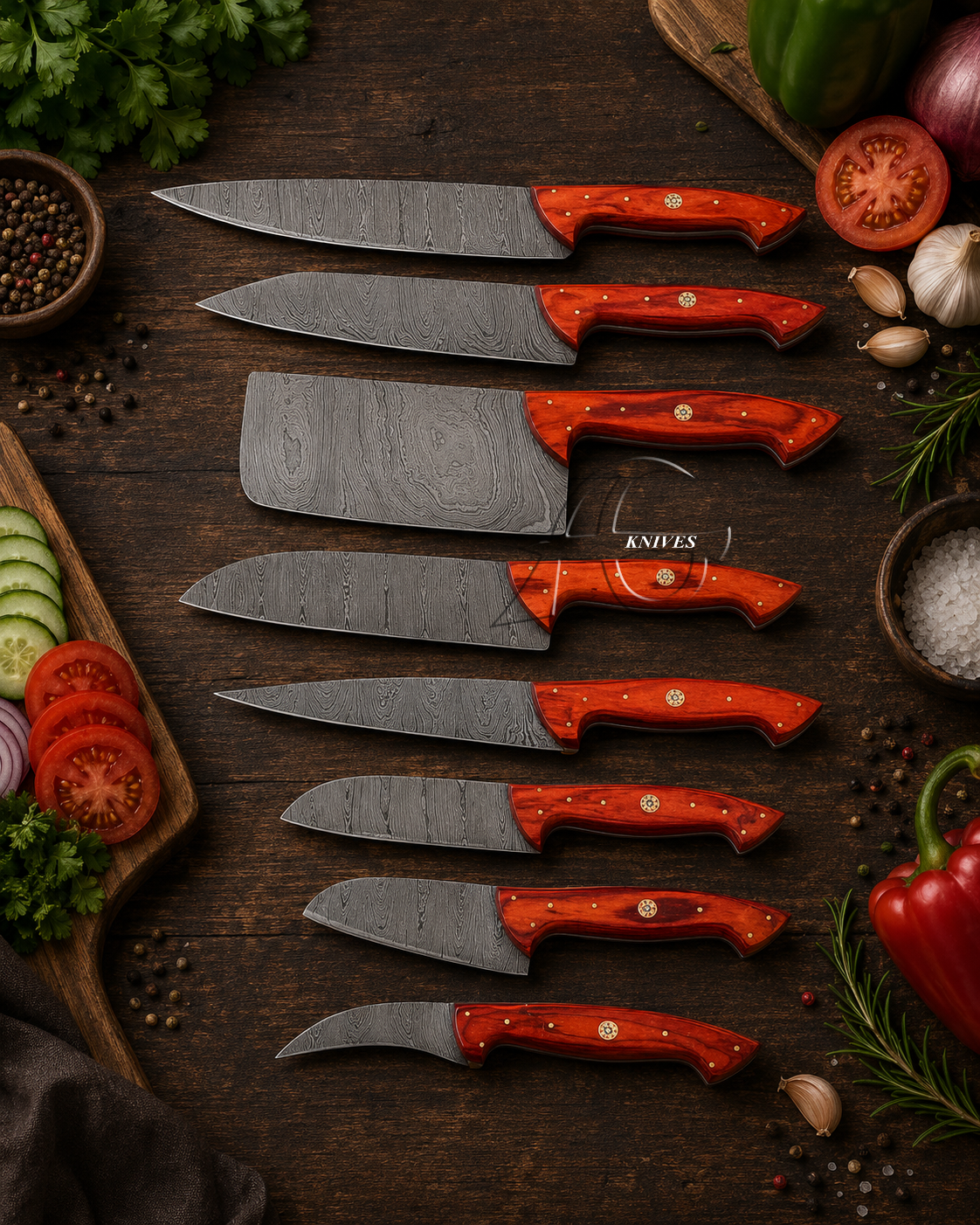 8 Pcs Handmade Damascus Kitchen Chef Knives Set