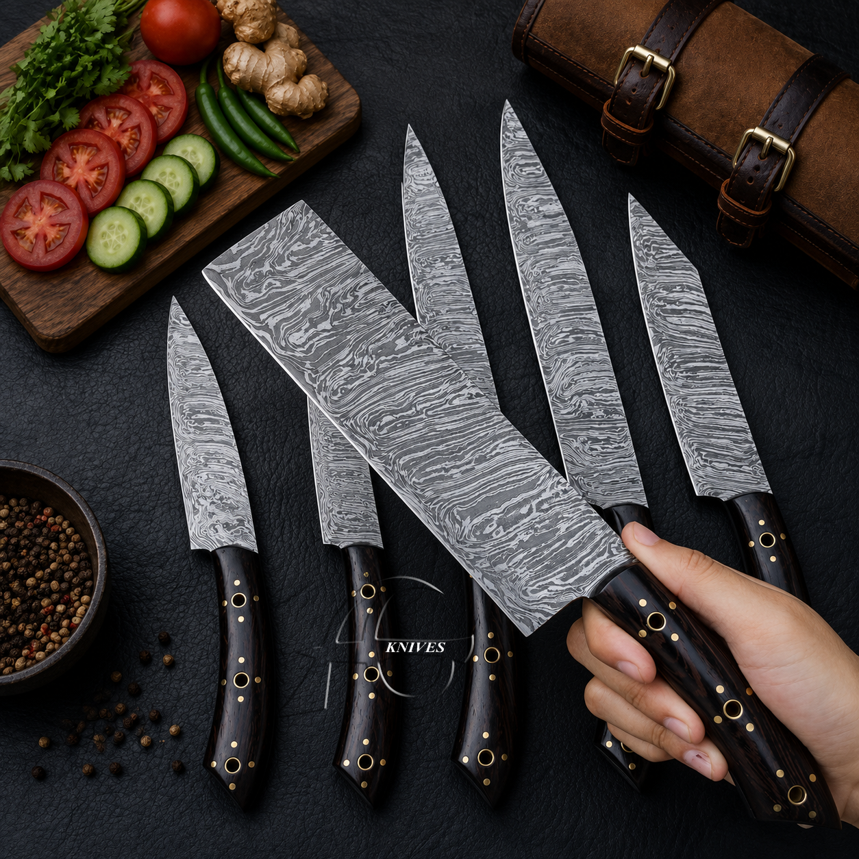 6 Pcs Handmade Damascus Kitchen Chef Knife Set