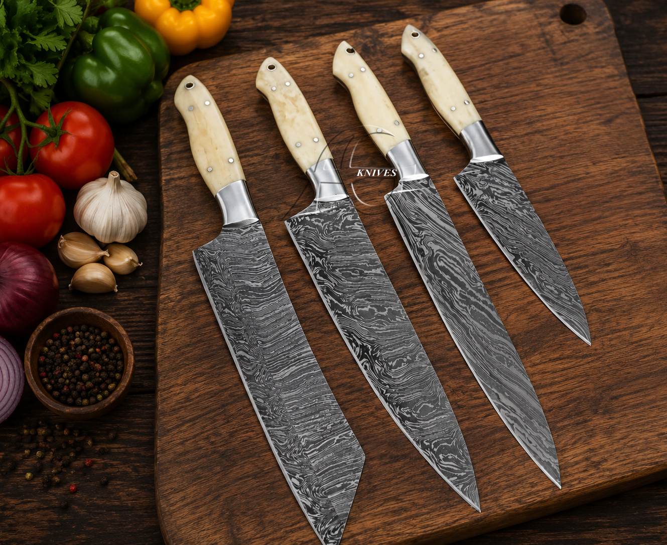4 Pcs Custom Made Hand Forged Damascus Fire Pattern Kitchen Chef Knife Set