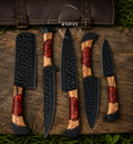 5 Pcs Handmade Black Powder Coated Kitchen Chef Knife Set – Leather Roll Case