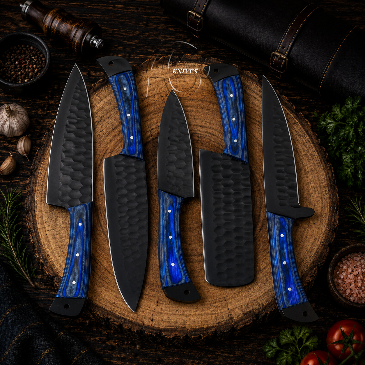 5 Pcs Handmade Black Powder Coated Kitchen Chef Knife Set – Leather Roll Case