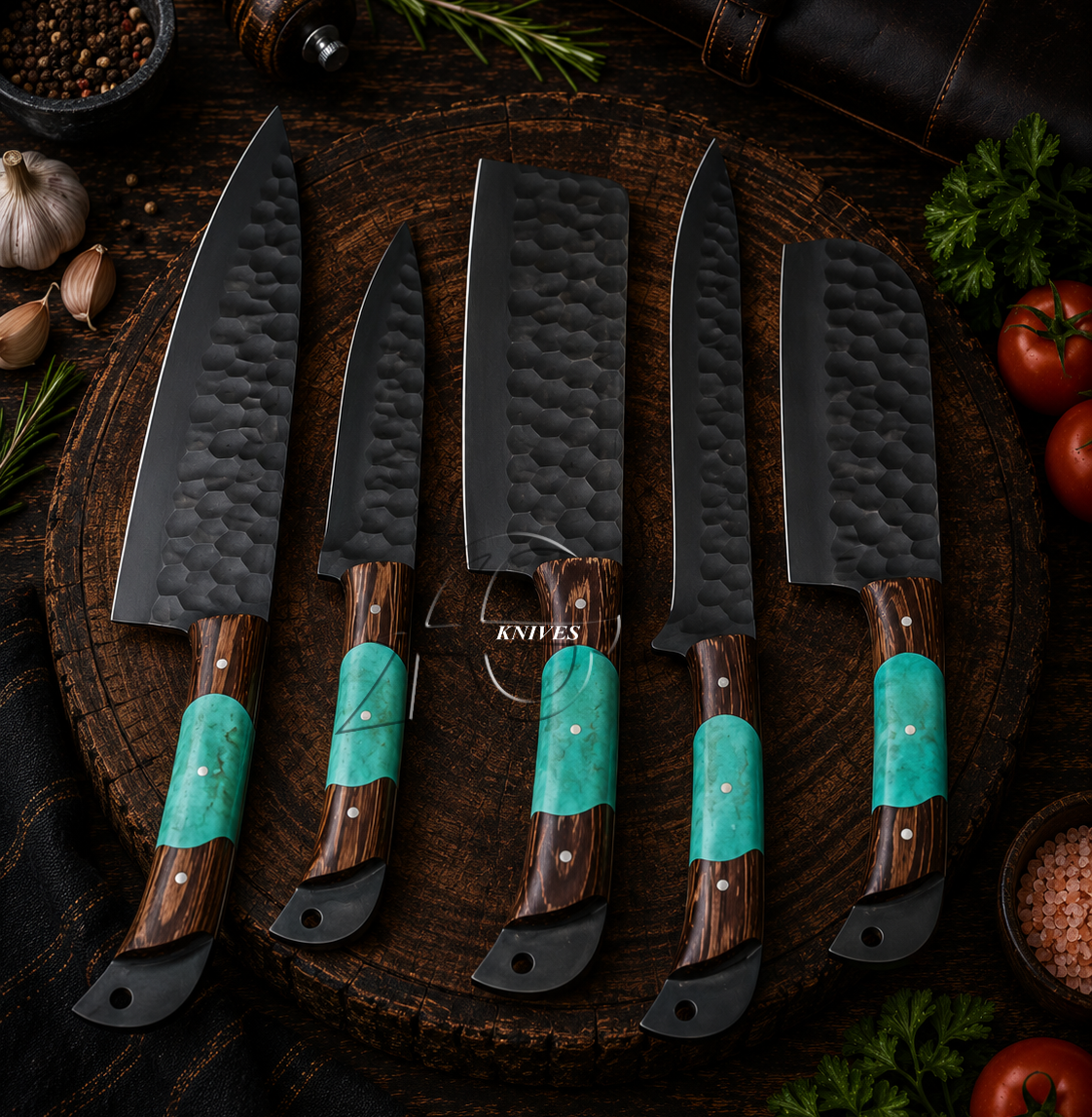 5 Pcs Custom Made Powder Coated Kitchen Chef Knife Set – Leather Roll Case