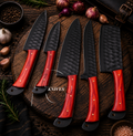 5 Pcs Handcrafted Black Powder Coated Kitchen Chef Knife Set – Leather Roll Case