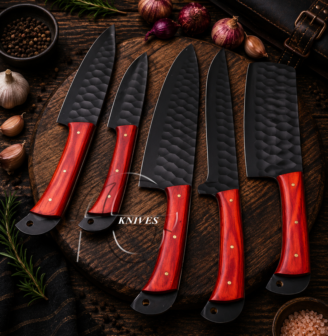 5 Pcs Handcrafted Black Powder Coated Kitchen Chef Knife Set – Leather Roll Case