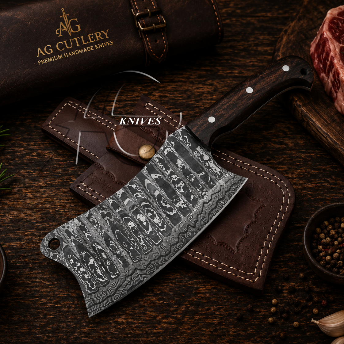 Butcher's Pride – 10" Handmade Damascus Cleaver & Butcher Knife