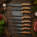 8 Pcs Handmade Damascus Kitchen Chef Knives Set - Leather Roll Case