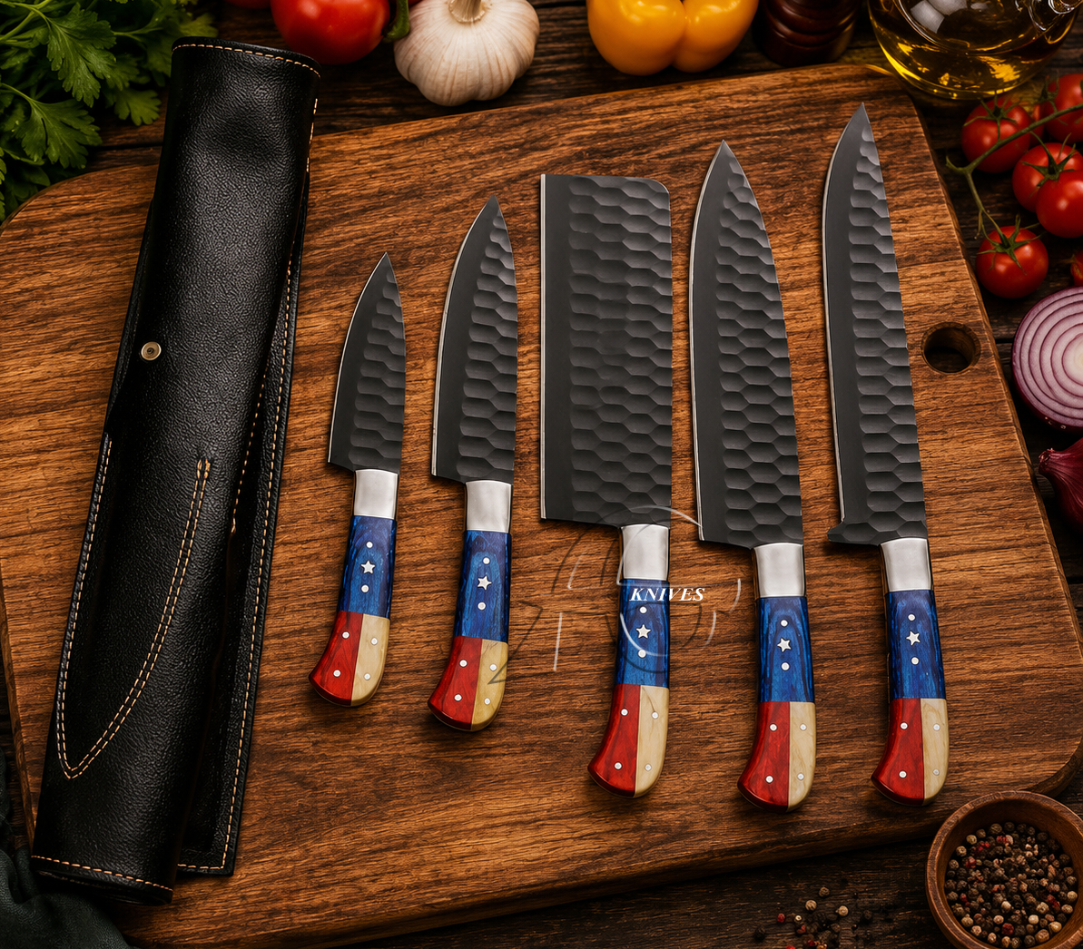 5 Pcs Hand Forged Texas Kitchen Chef Knife Set – Leather Roll Case