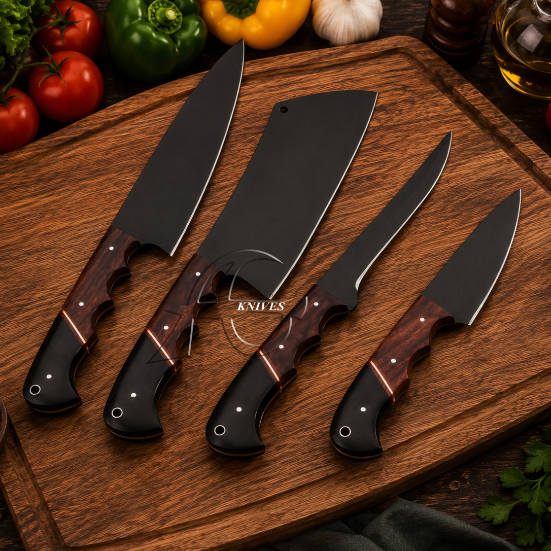 4 Pcs Custom Made Black Powder Coated Blade Kitchen Chef Knife Set