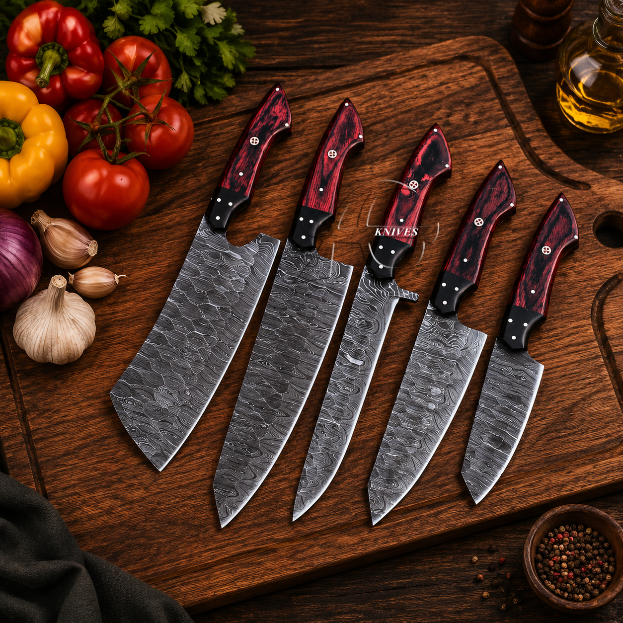 5 Pcs Cool Hand Forged Damascus Kitchen Chef Knife Set