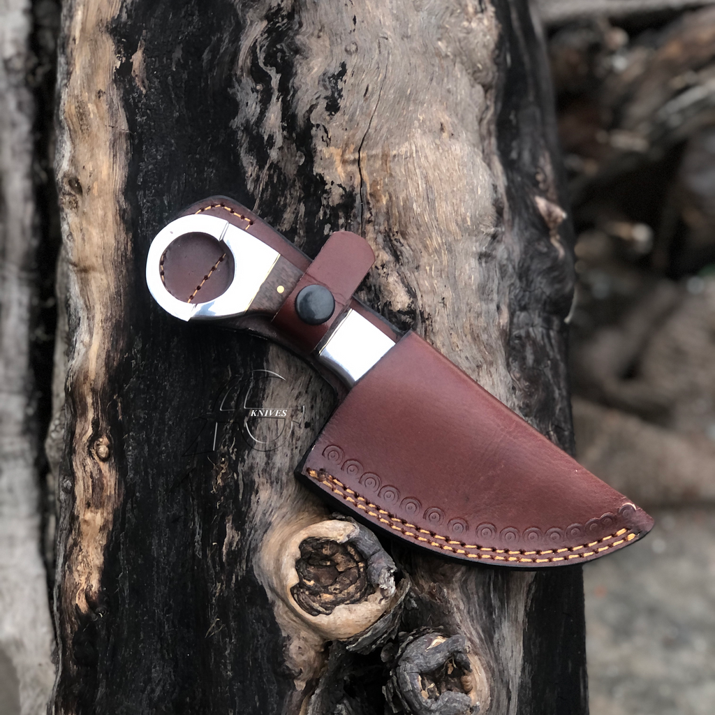 Hand Forged Gut Hook Skinning Knife 8" Wood Handle - Leather Sheath