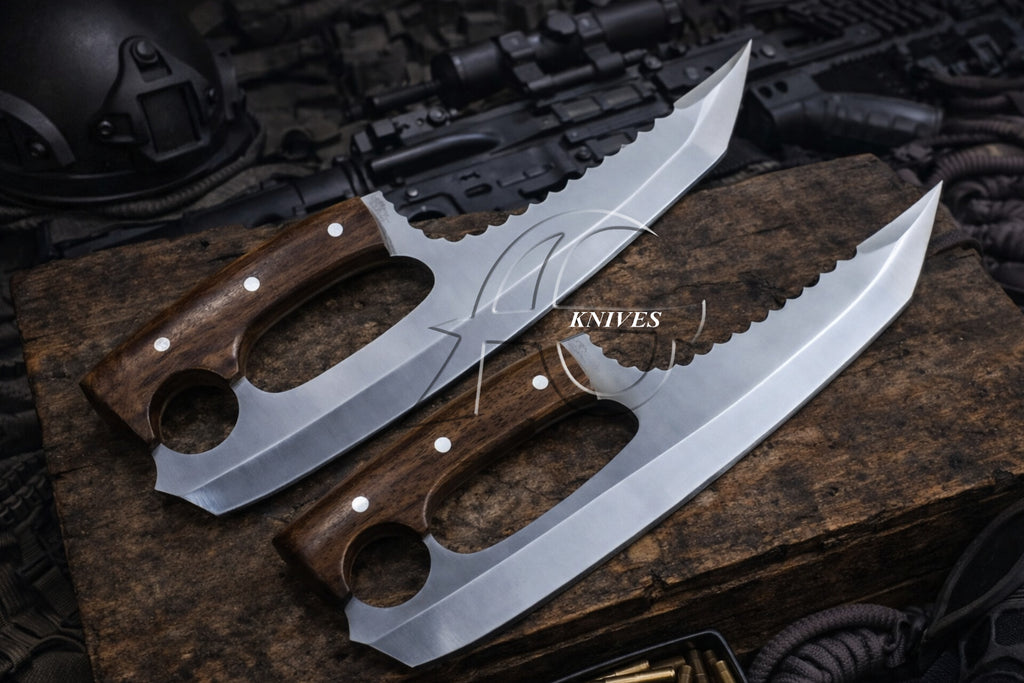 Pair of 9.5" Fixed Blade General Utility Cutting Knife Set, Clip Point Serrated Spine Wooden Handle with Leather Sheath