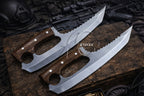 Pair of 9.5" Fixed Blade General Utility Cutting Knife Set, Clip Point Serrated Spine Wooden Handle with Leather Sheath