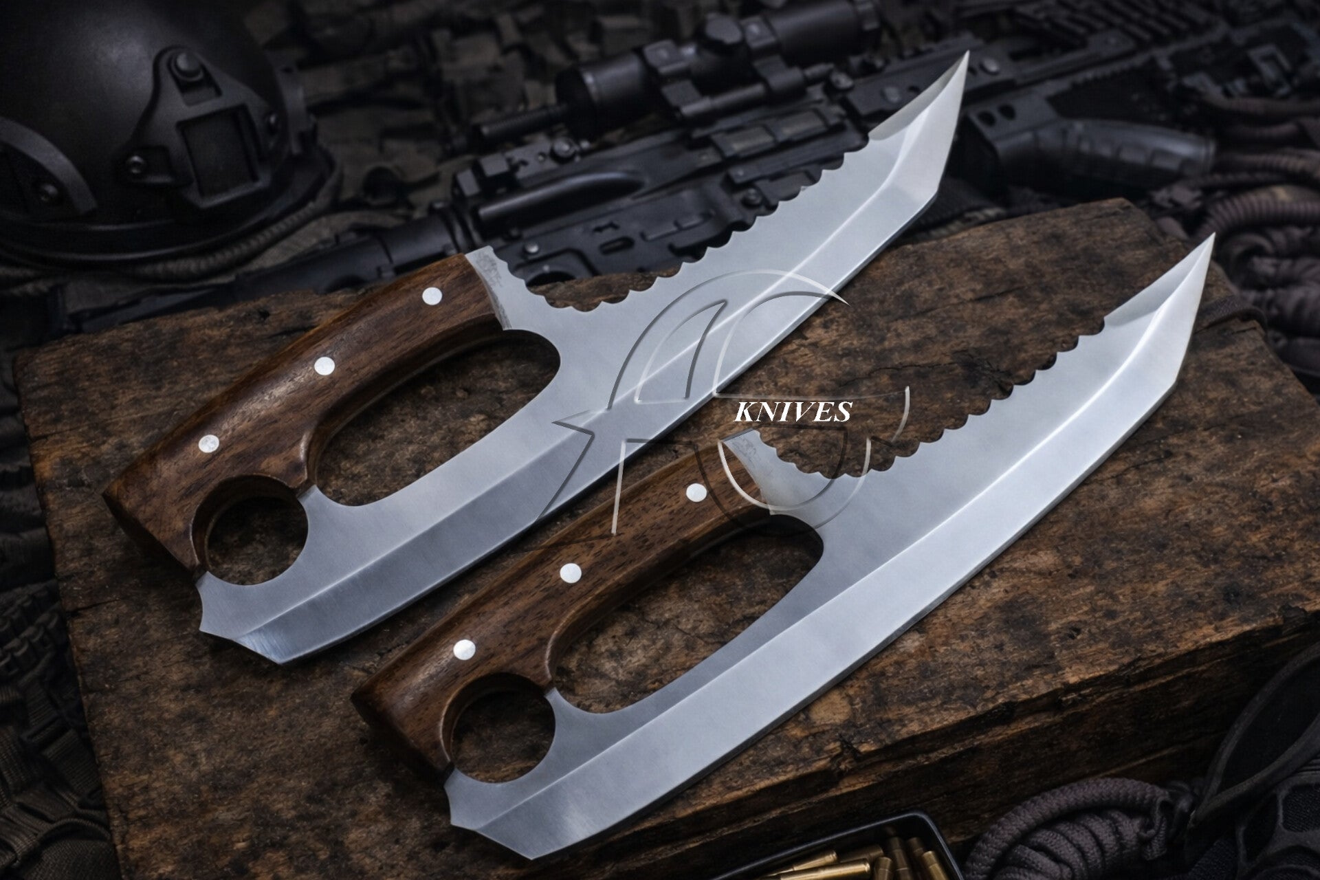 Pair of 9.5" Fixed Blade General Utility Cutting Knife Set, Clip Point Serrated Spine Wooden Handle with Leather Sheath