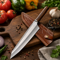 Beautiful Custom Made Steel Kitchen Chef Knife - Leather Sheath