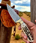 handmade western knife damascus hunting skinning knife 