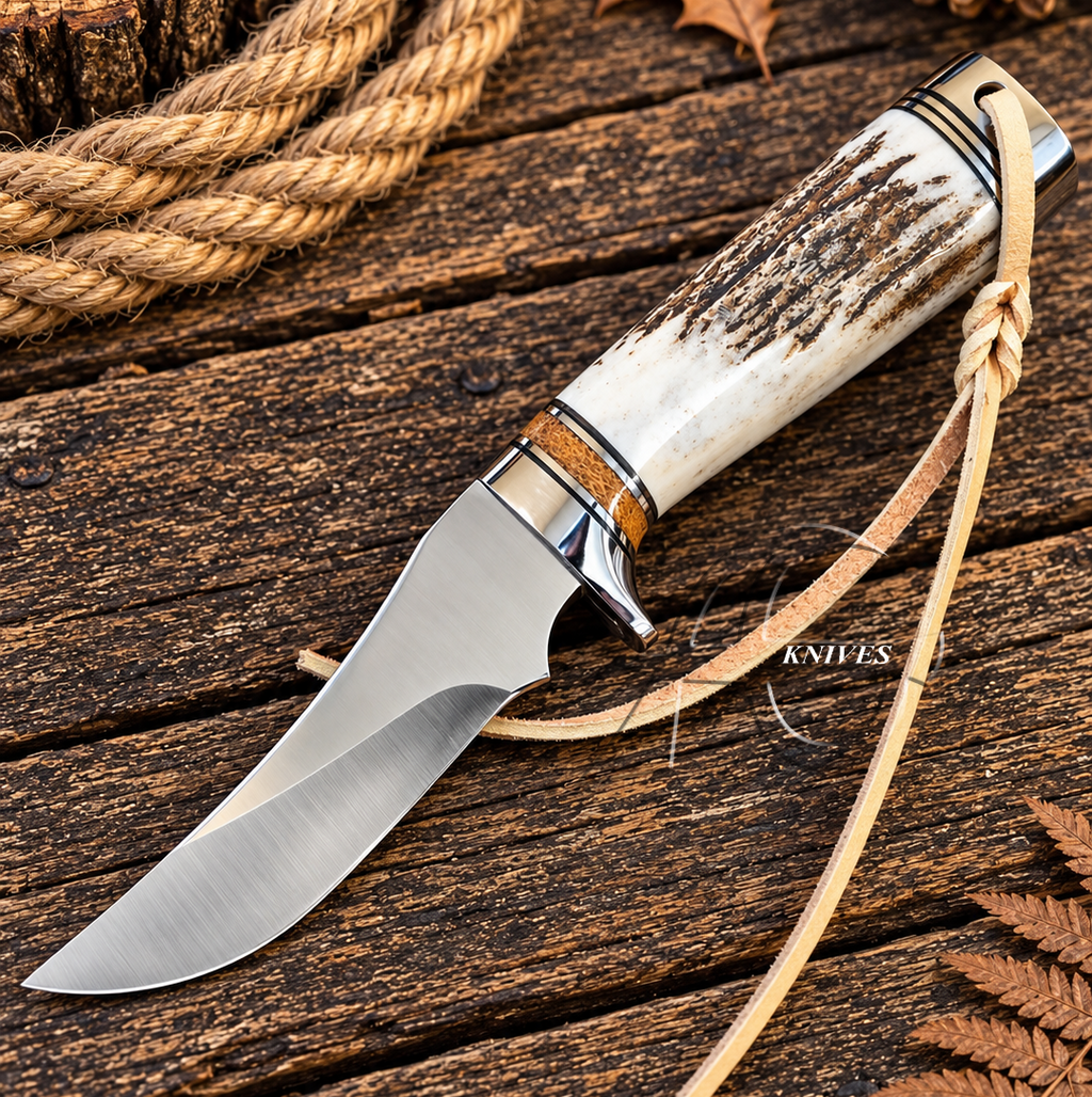 Handcrafted Western Hunting Fixed Blade Knife Antler Handle 9" with Leather Sheath