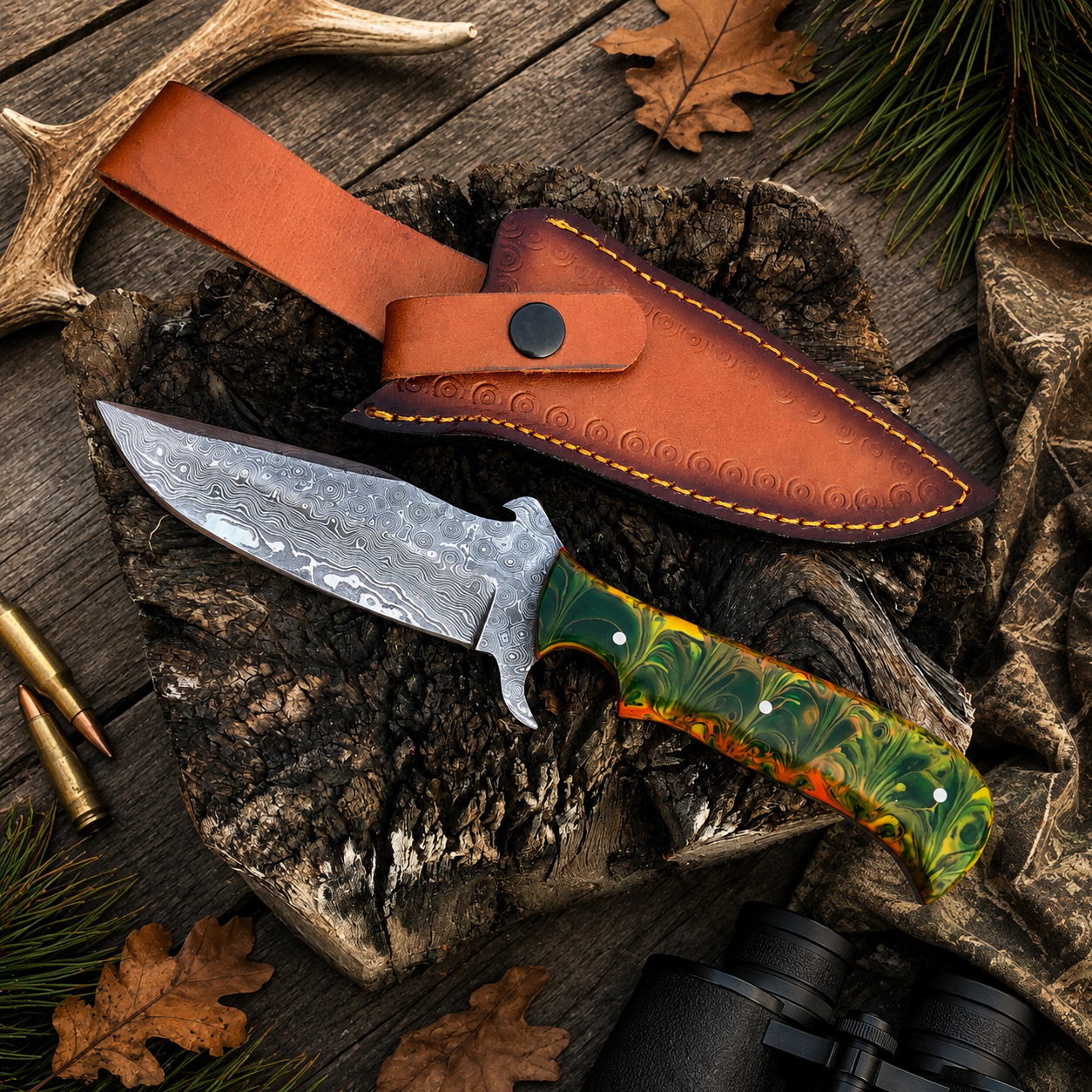 A fixed-blade knife with a patterned steel blade and a green marbled handle is displayed next to its brown leather sheath on a rustic wood surface with deer antlers, leaves, and binoculars.