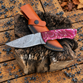 Handmade Hunting Skinning Knife Damascus Blade Purple White Resin Handle 9" Leather Sheath