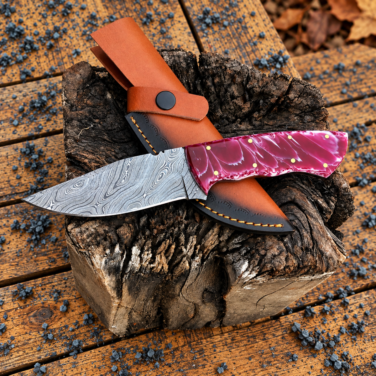 Handmade Hunting Skinning Knife Damascus Blade Purple White Resin Handle 9" Leather Sheath