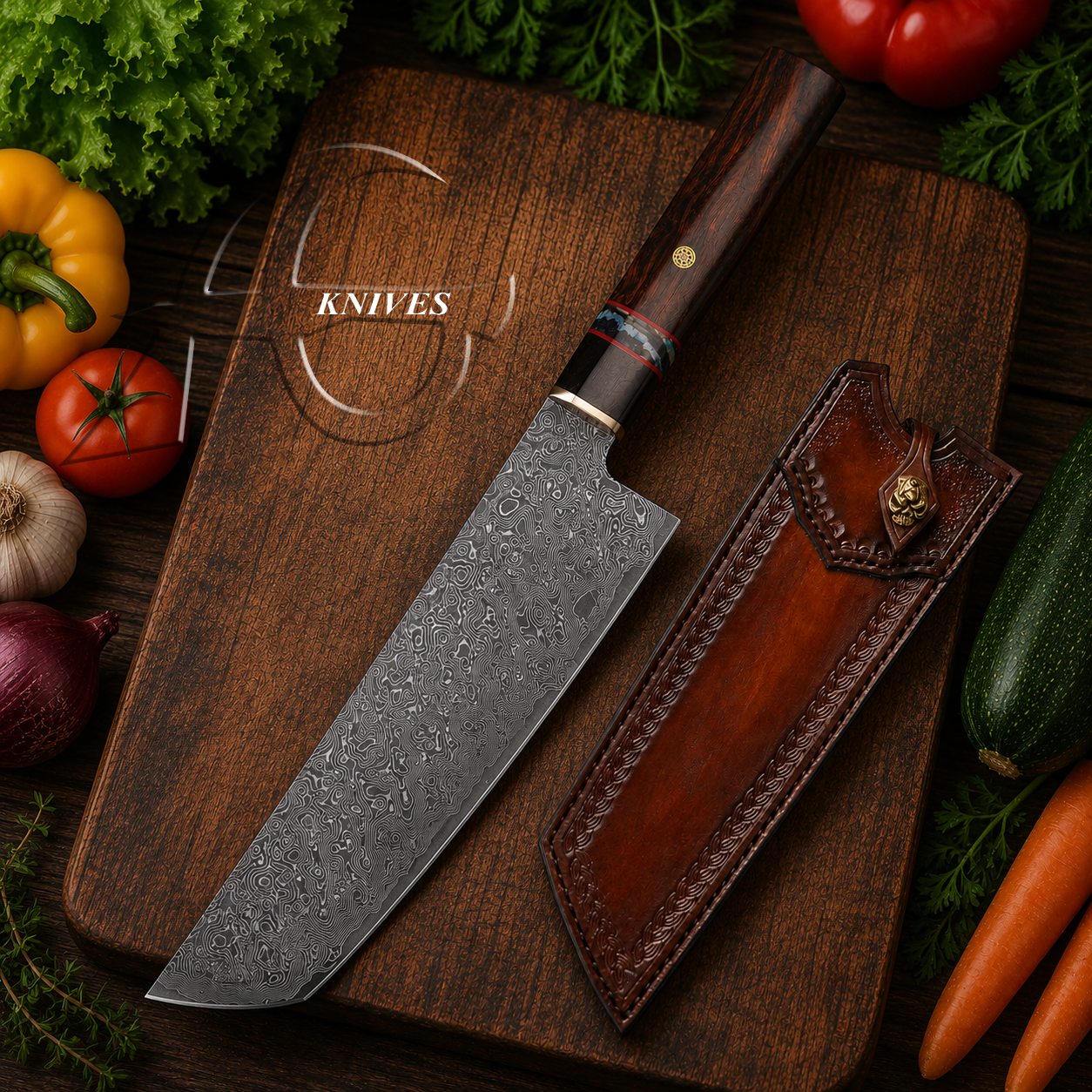 Chef knife with leather sheath on a wooden cutting board surrounded by vegetables
