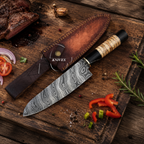 Handmade Damascus Kitchen Chef Knife 12" Long – Leather Sheath