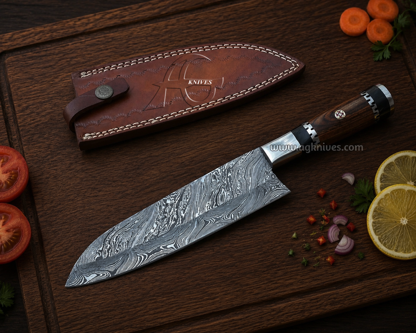 A Damascus steel chef's knife with a patterned steel blade and a dark wood handle, displayed next to its brown leather sheath on a dark wooden cutting board with food props.