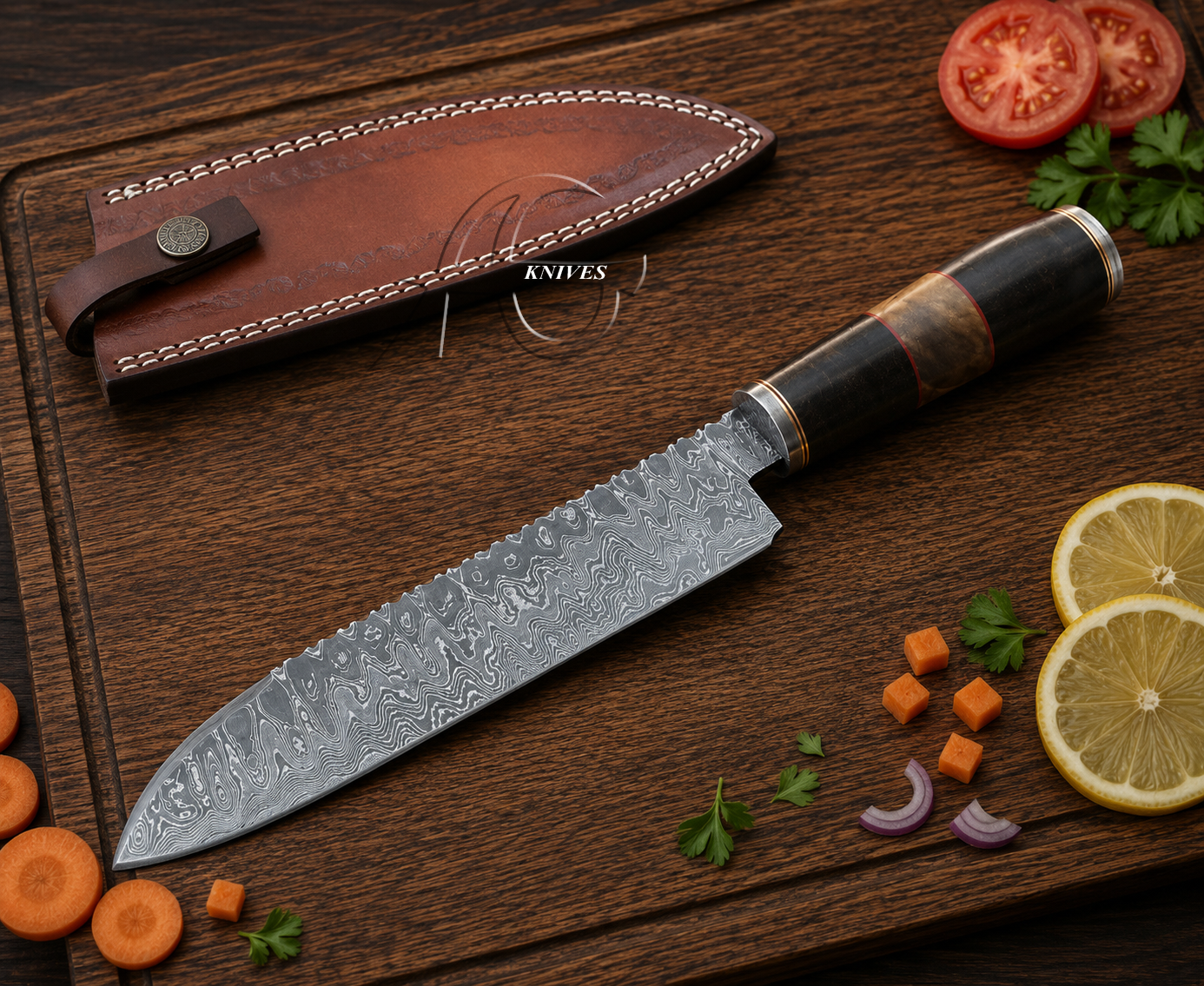 A Damascus steel chef's knife with a dark wood and bone handle is displayed diagonally on a dark wooden cutting board next to its brown leather sheath. The scene is styled with fresh ingredients including sliced tomatoes, lemons, carrots, and parsley.