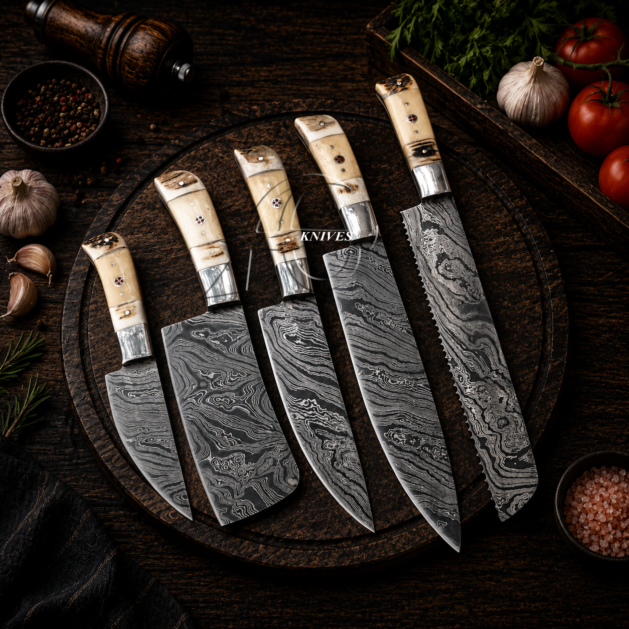 5 Pcs Custom Hand Forged Damascus Kitchen Chef Knives Set – Antler & Camel Bone Handle
