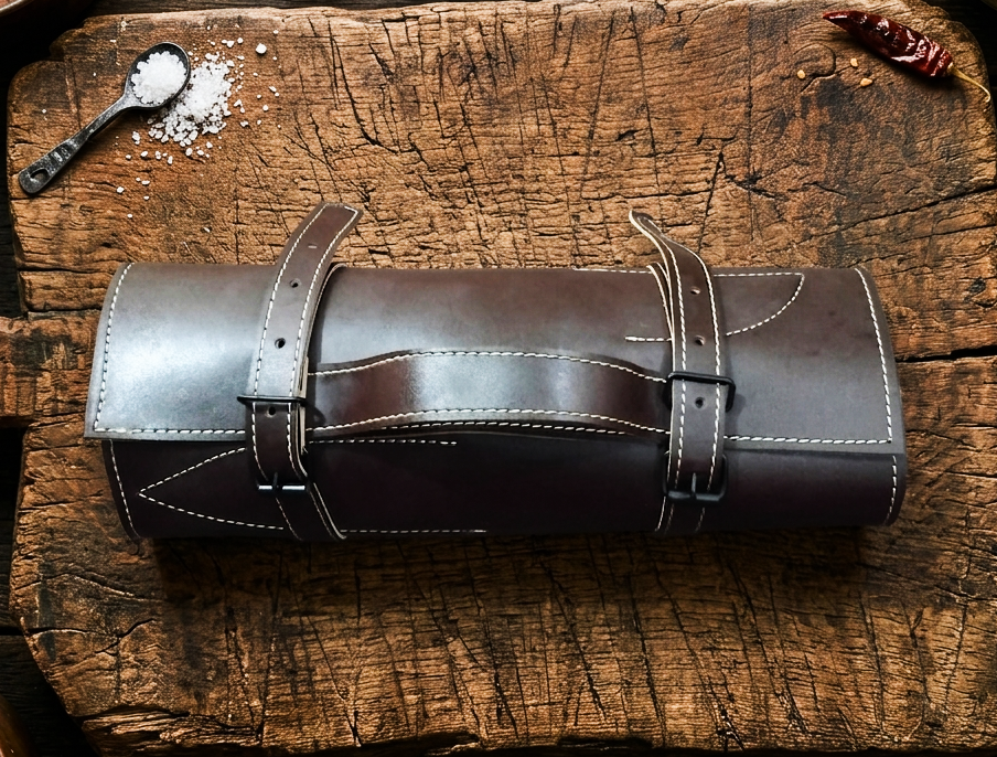 The Cherry Collection 8-Piece Hand Forged Damascus Kitchen Chef Knife Set - Leather Roll Case