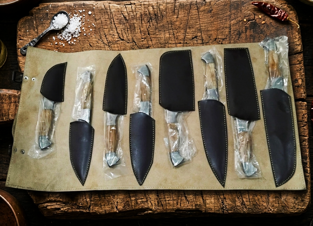 The Cherry Collection 8-Piece Hand Forged Damascus Kitchen Chef Knife Set - Leather Roll Case