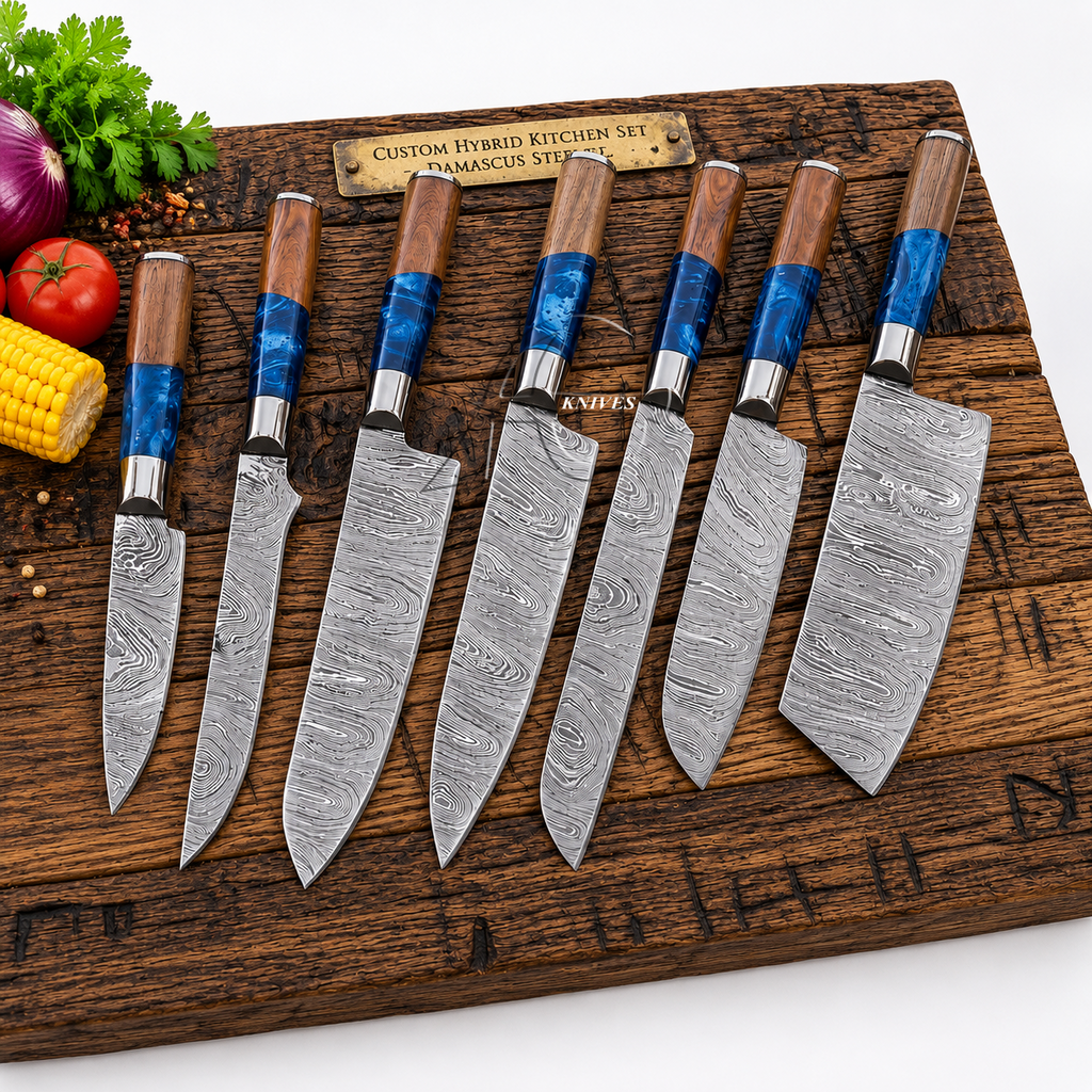 Seven kitchen knives with patterned Damascus steel blades and blue-and-brown handles arranged on a wooden cutting board, with vegetables and a small sign in the background.