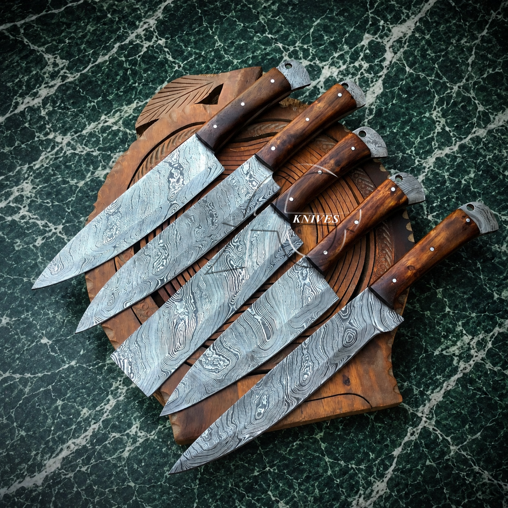 5 Pcs Full Tang Handmade Damascus Kitchen Knives Set