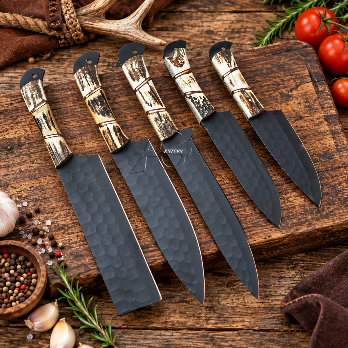 Exquisite Handcrafted High Carbon Steel Kitchen Chef Knife Set of 5 Pcs Stag Horn Handle
