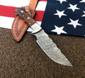 Damascus Steel Hunting Knife Handmade Wood Handle Fixed Blade With Leather Sheath