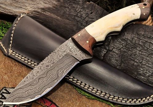 Damascus Steel Hunting Knife Handcrafted Wood & Bone Handle 9" Fixed Blade
