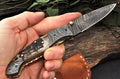 Damascus Steel Folding Knife Handcrafted Mountain Sheep Horn Handle Hunting Knife