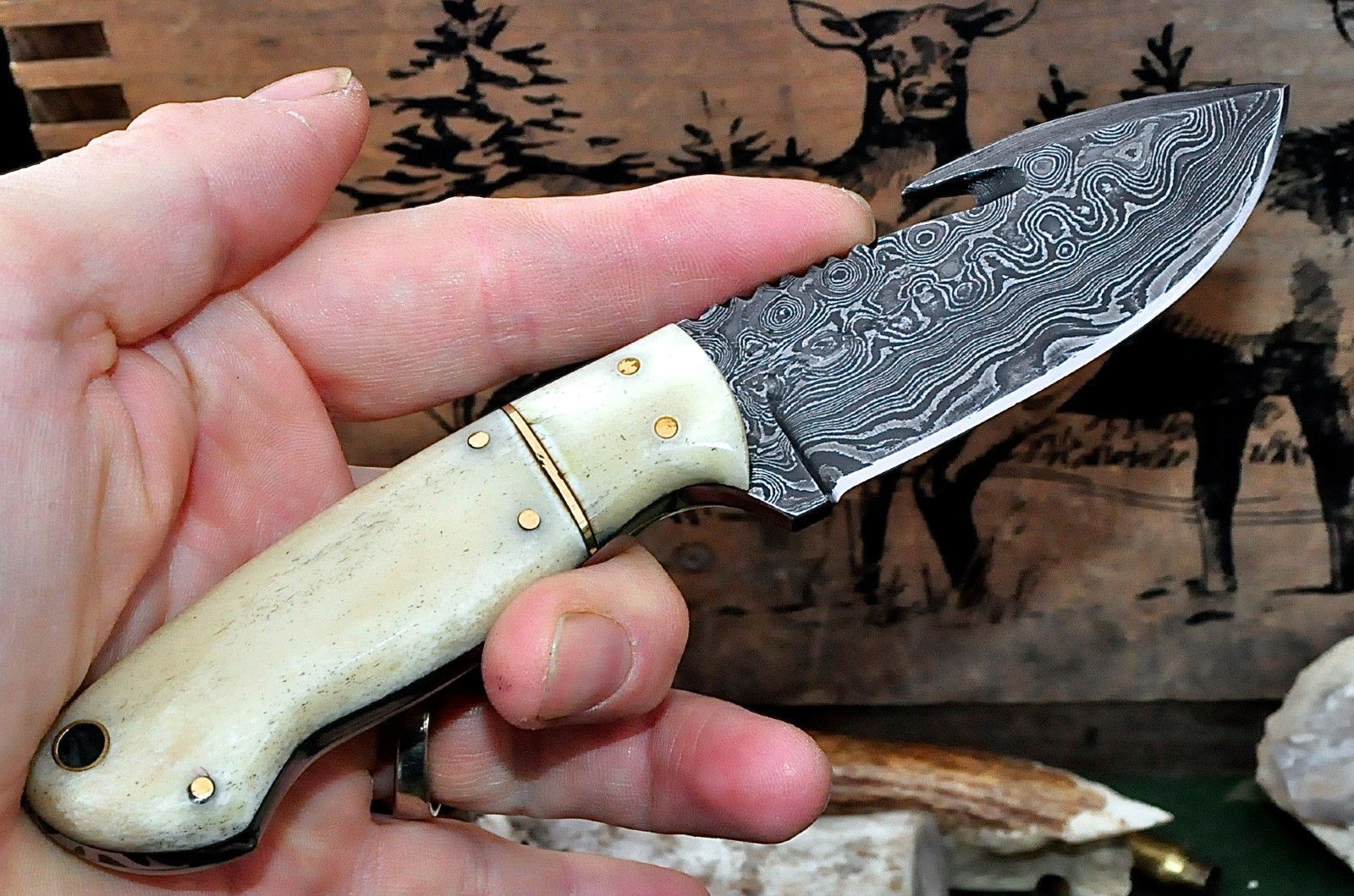 Damascus Steel Gut Hook Hunting Knife Handmade White Camel Bone Handle With Sheath
