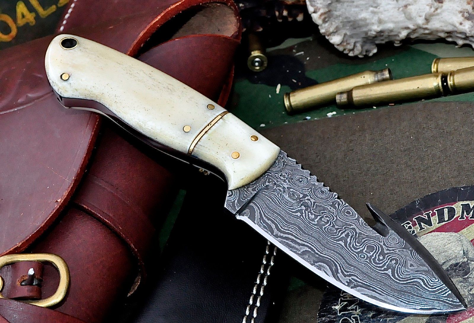 Damascus Steel Gut Hook Hunting Knife Handmade White Camel Bone Handle With Sheath