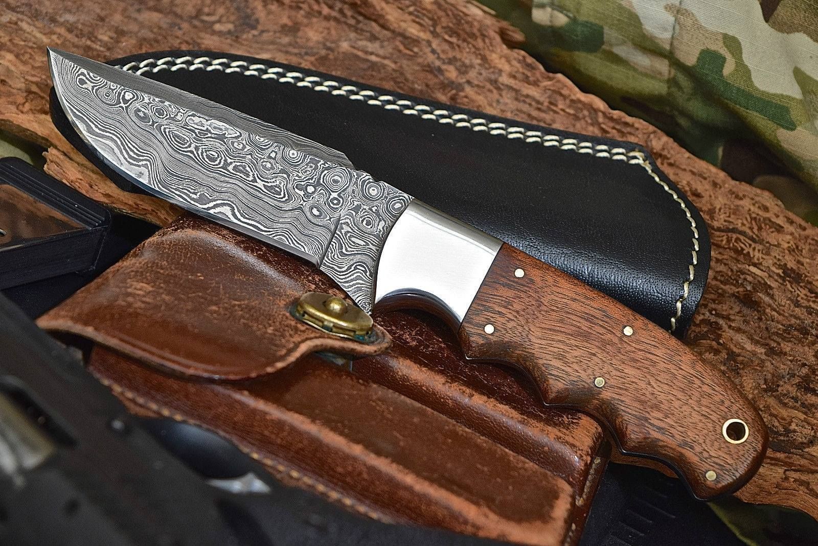 Damascus Steel Hunting Skinning Handmade Knife Rosewood Handle With Sheath