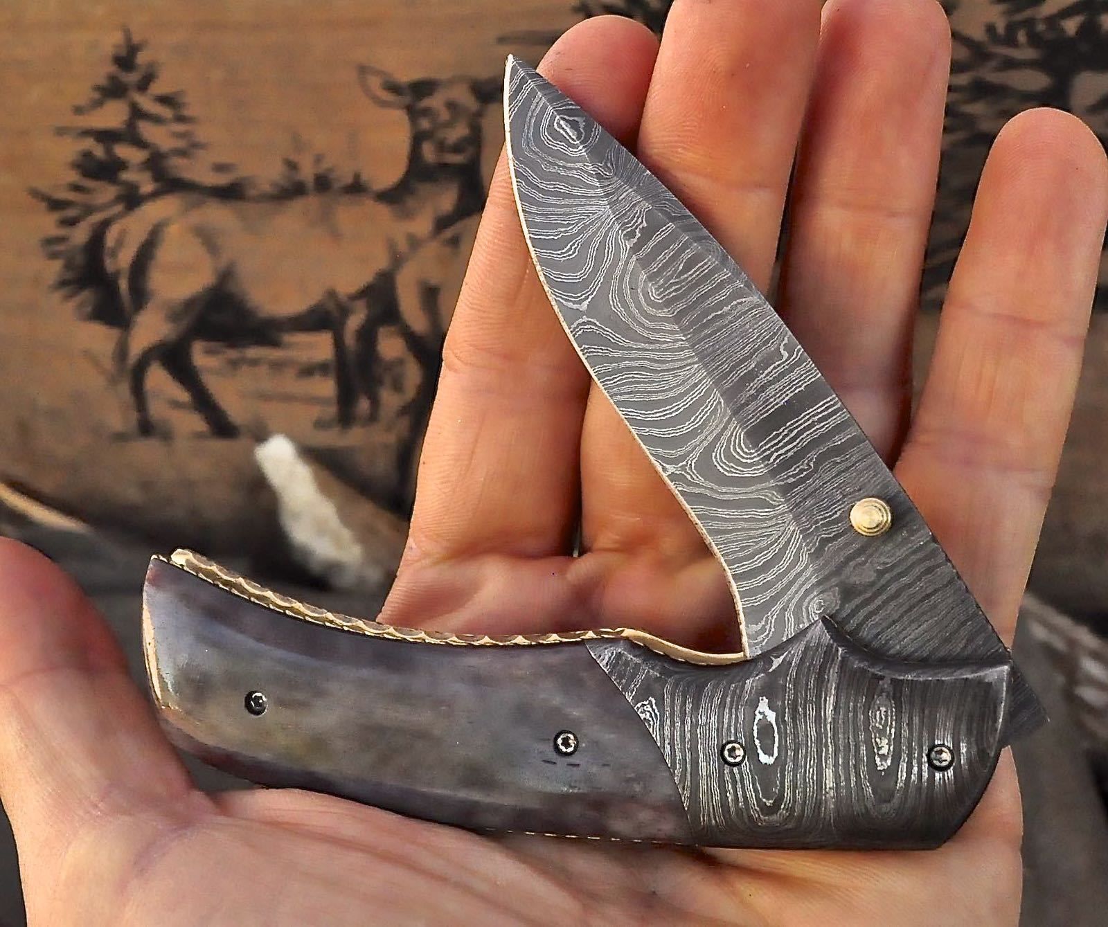 Damascus Steel Folding Knife Handcrafted Colored Bone Handle Pocket Knife With Cover