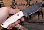 Damascus Steel Skinning Knife Handmade Blade White Camel Bone Handle With Sheath