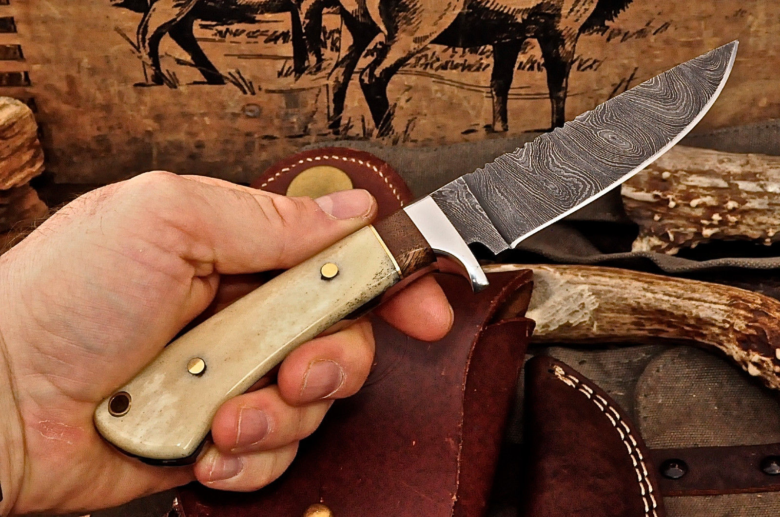 Damascus Steel Hunting Skinning Knife Handcrafted Camel Bone & Burl Wood Handle Fixed Blade