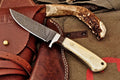 Damascus Steel Hunting Skinning Knife Handcrafted Camel Bone & Burl Wood Handle Fixed Blade