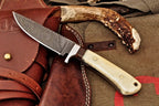 Damascus Steel Hunting Skinning Knife Handcrafted Camel Bone & Burl Wood Handle Fixed Blade